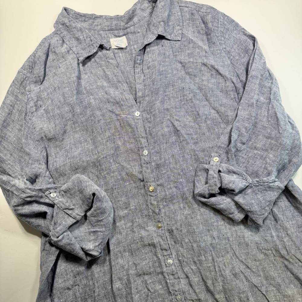 Sigrid Olsen 100% Linen Blue Roll Tab Sleeve Button Down 2X Coastal Grandma